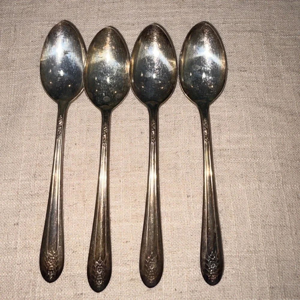 Vintage Belfry Silver Plate Floral Spoons Set of 4 Tarnished Flatware